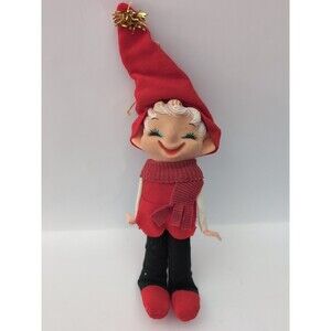 Vintage Elf Pixie Rubber Face 6” Felt Ornament MCM 50's Japan Poseable Arms